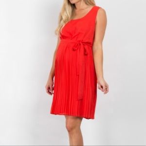 Red Pleated Sash Tie Dress